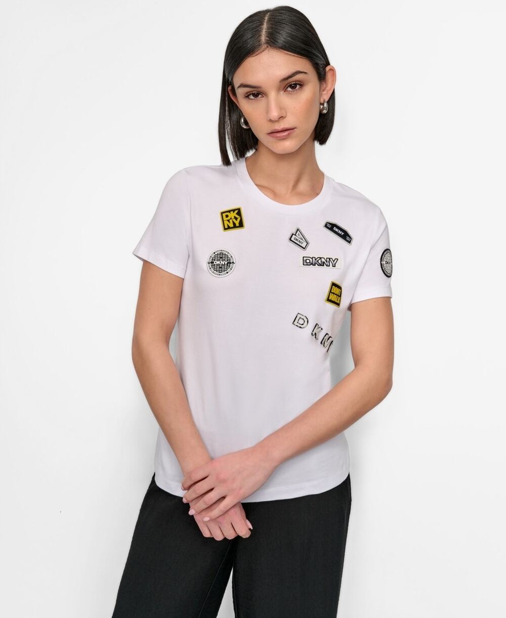 DKNY T-Shirt Women XL White Short Sleeve Multi Badge Logo Pins Patches Urban NWT